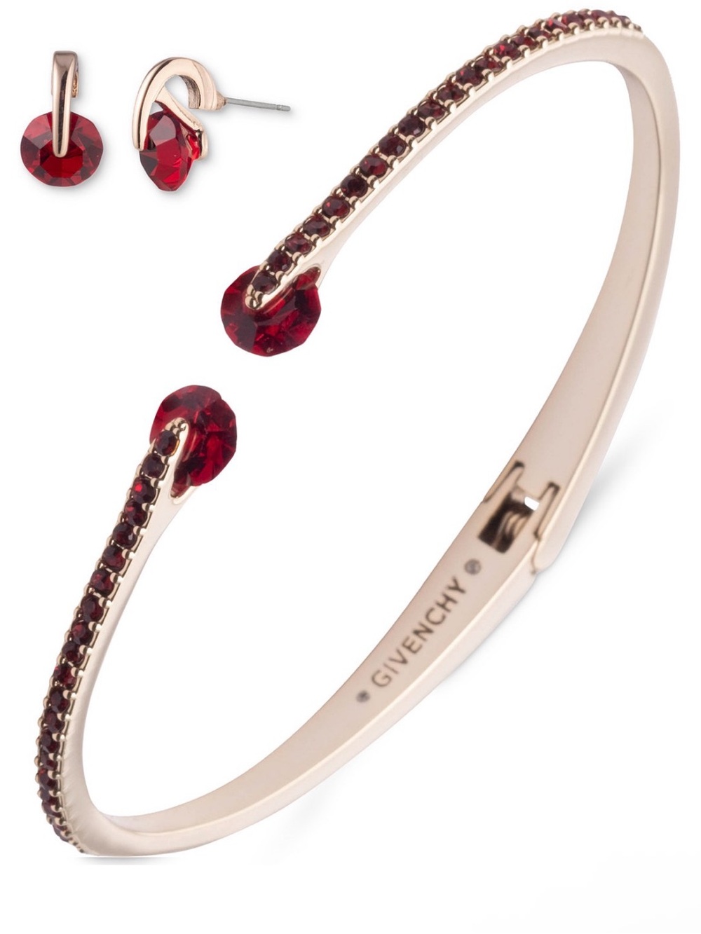 Givenchy Gold-Tone Bracelet and Stud Earrings with Red Crystals